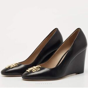 Tory Burch Black Leather Raleigh Round Toe Logo Wedge Pumps Size 9